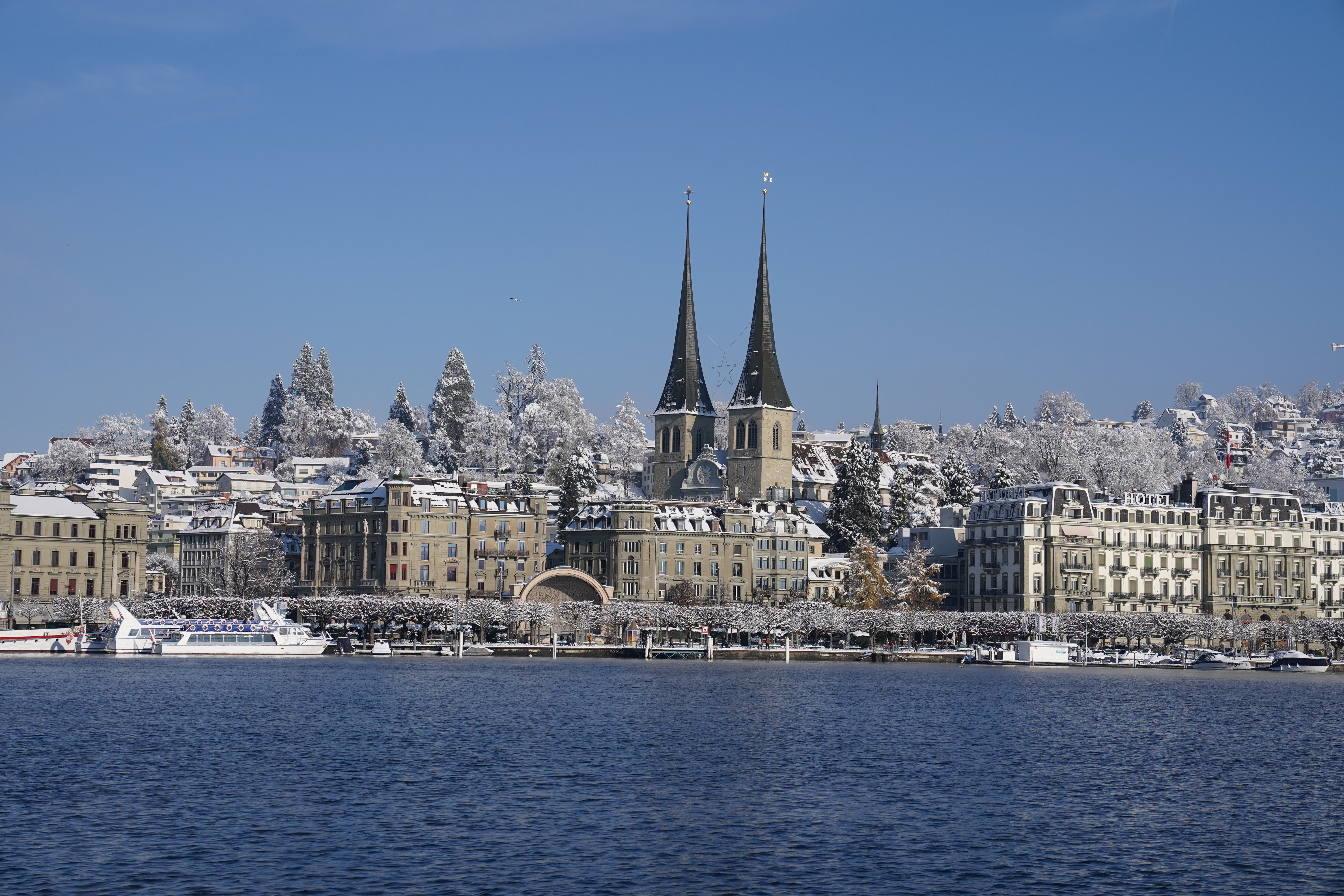 Lucerne old town and Hofkirche spires in winter, Switzerland