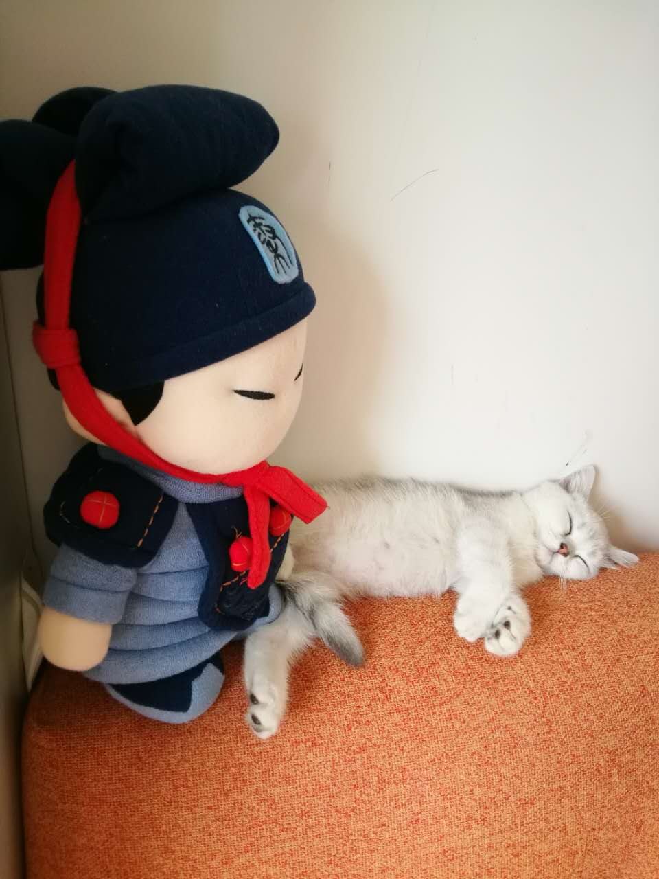 Leilei asleep next to a plush doll, first month home